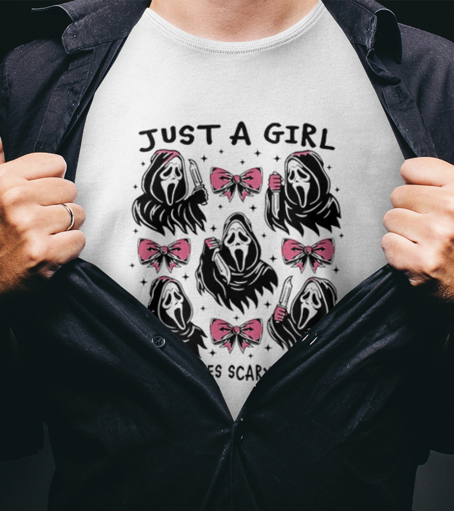 Just A Girl Who Loves Scary Movies Ghost Face Pink Bow T-Shirt