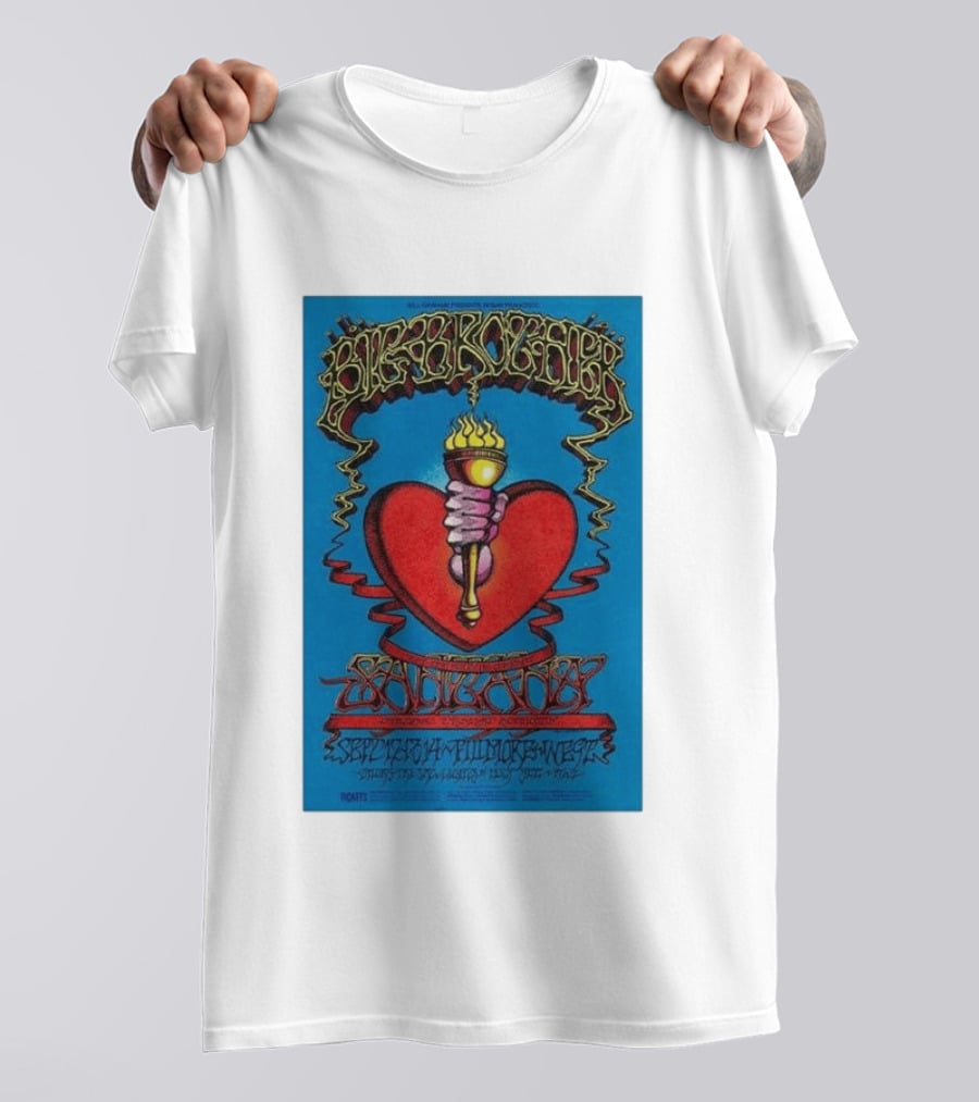 Big Brother The Holding Company Blue Background Red Heart And Torch Iconic Psychedelic T-Shirt