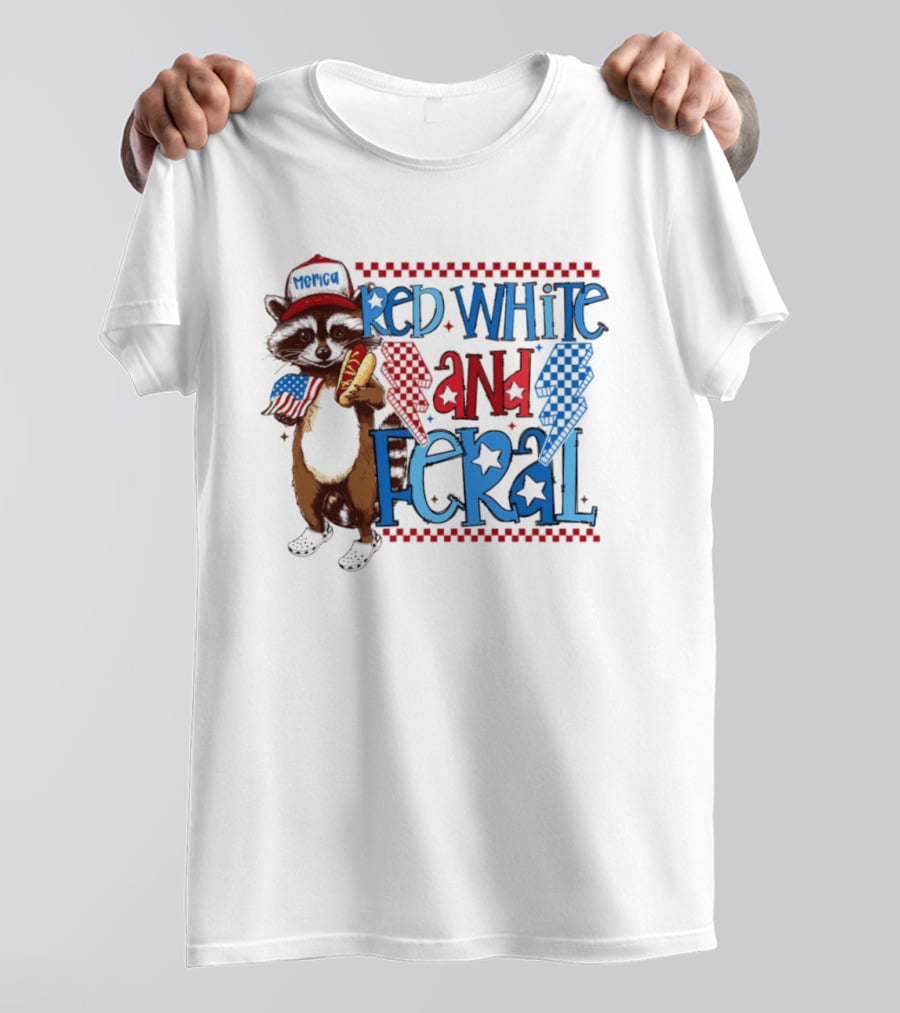 Red White And Feral Raccoon Hot Dog Patriotic 4th Of July Celebration T-Shirt