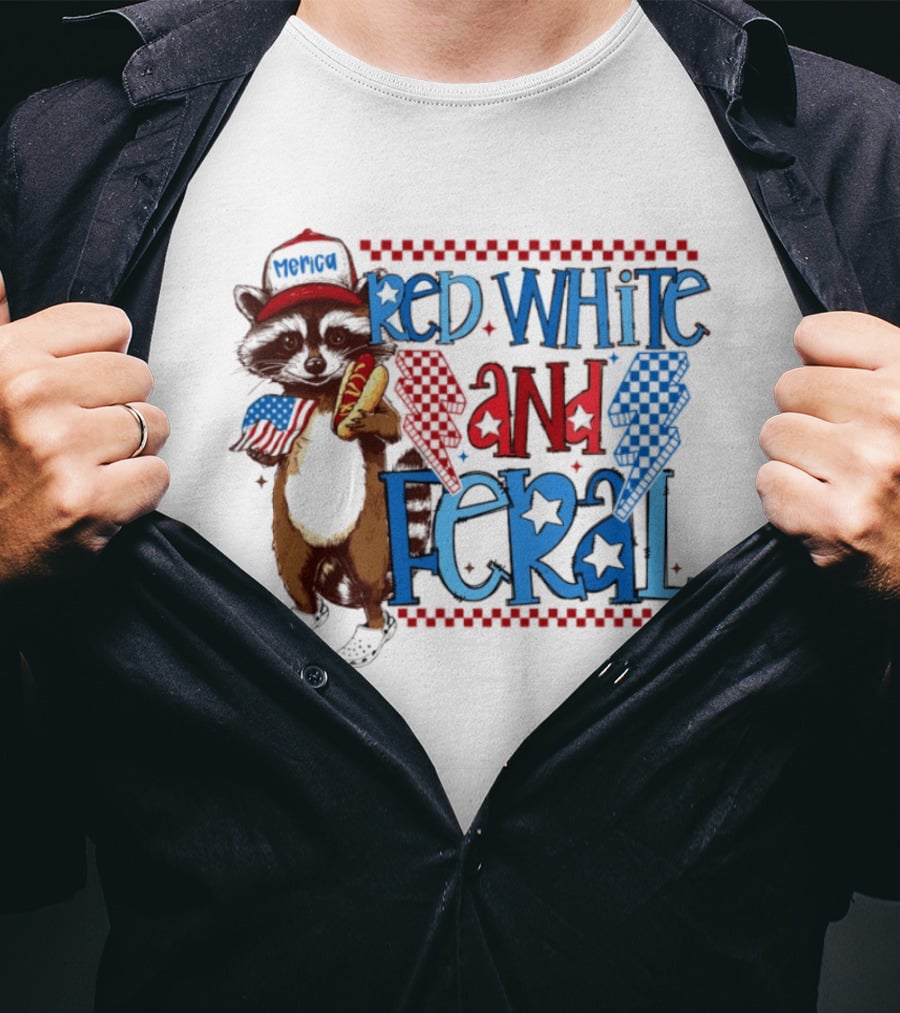 Red White And Feral Raccoon Hot Dog Patriotic 4th Of July Celebration T-Shirt