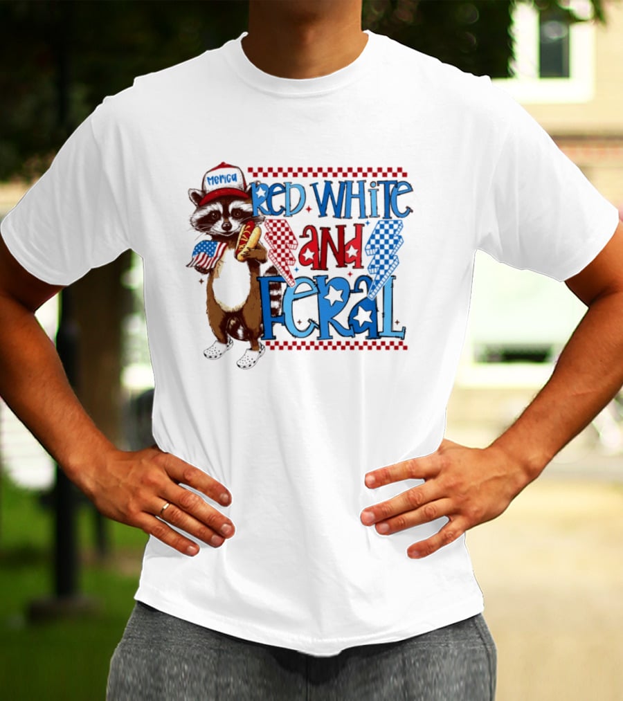 Red White And Feral Raccoon Hot Dog Patriotic 4th Of July Celebration T-Shirt