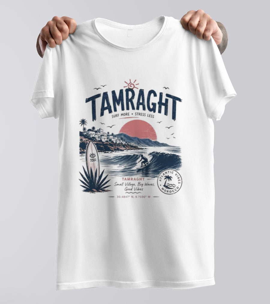 Tamraght Surf Maroc A Surfing Adventure Red Sun Ocean Waves T-Shirt