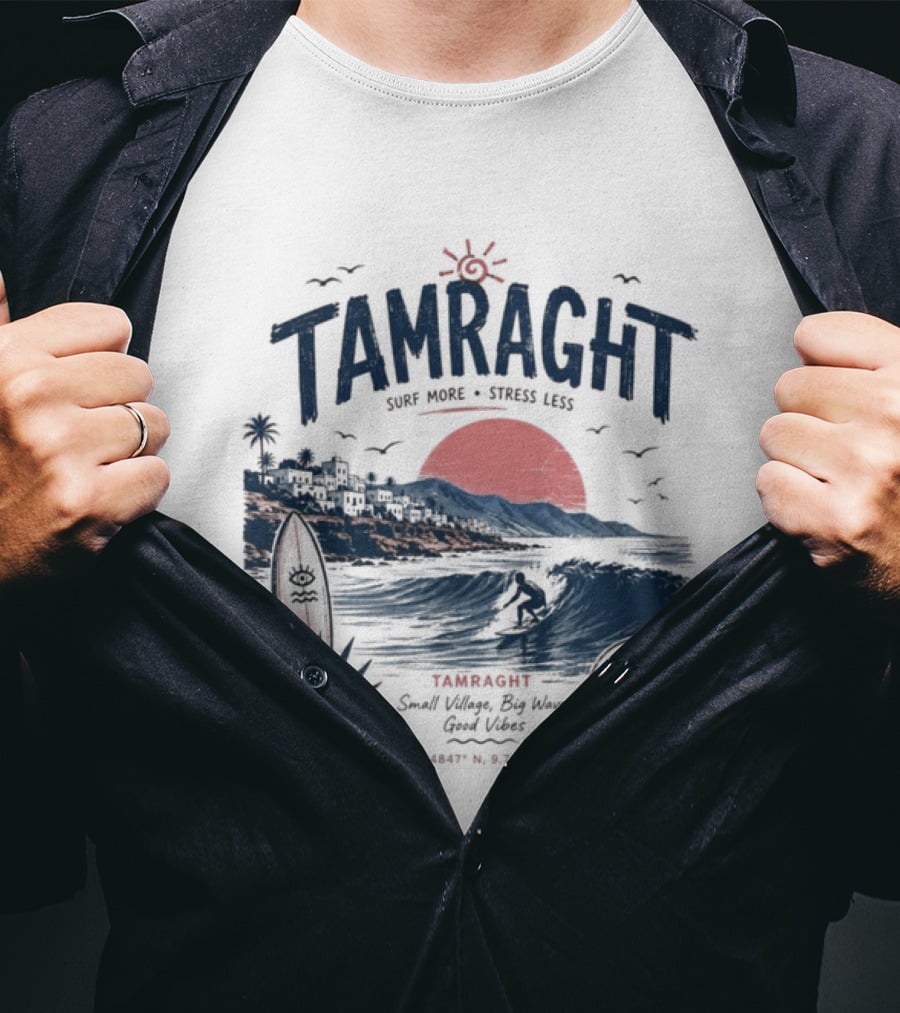 Tamraght Surf Maroc A Surfing Adventure Red Sun Ocean Waves T-Shirt
