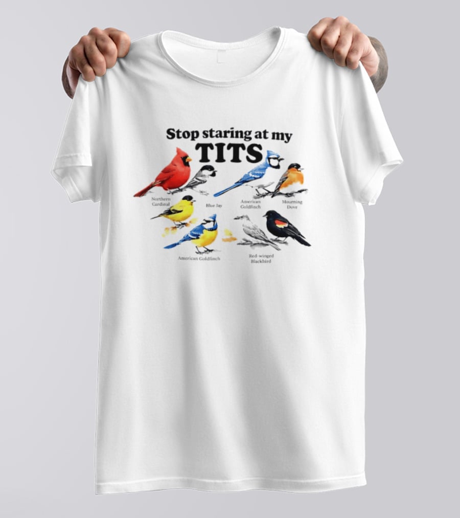Stop Staring At My Tits Northern Cardinal Blue Jay American Goldfinch Mourning Dove Red Winged Blackbird T-Shirt