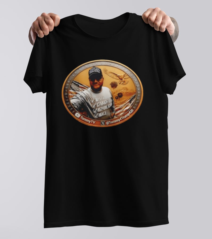 TommyTV Tommy4Trump420 White Straight Republican Male Coin With Eagle And American Flags T-Shirt