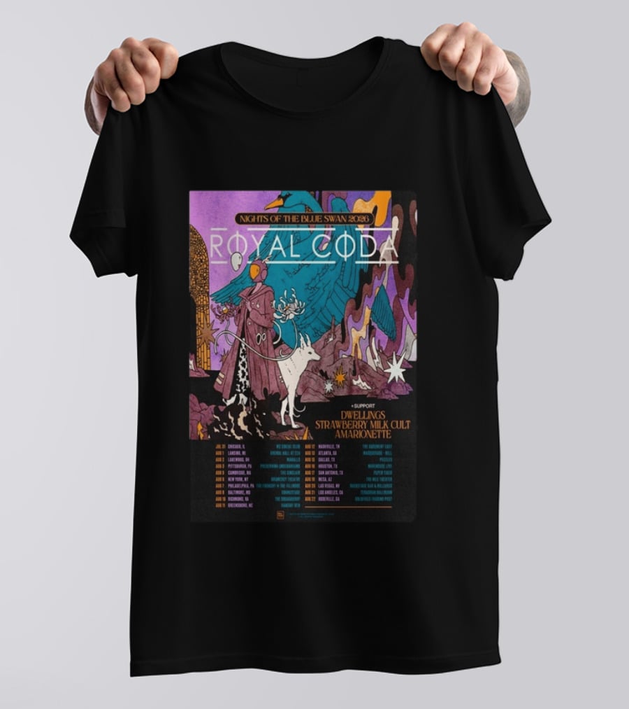 Nights Of The Blue Swan 2026 Royal Coda Tour Dates Dwelling Strawberry Milk Cult Amarionette T-Shirt