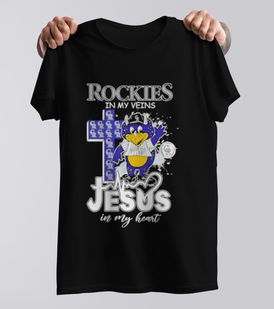 Colorado Rockies Baseball In My Veins Jesus In My Heart Cross Christian Rockies T-Shirt