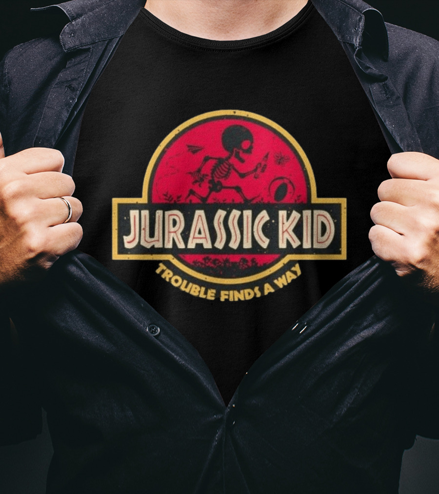 Jurassic Kid Skeleton Trouble Finds A Way T-Shirt