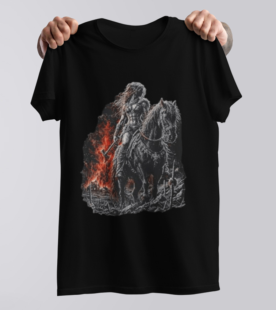 Barbarian Woman Dark Fantasy Warrior On Horseback With Axe And Fire T-Shirt