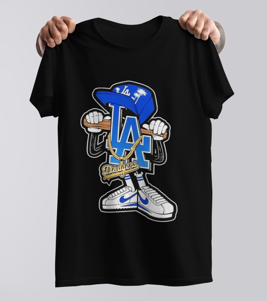 LA Dodgers Palm Trees Gold Chain With Blue Hat And Sneakers T-Shirt