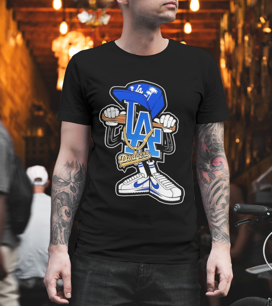 LA Dodgers Palm Trees Gold Chain With Blue Hat And Sneakers T-Shirt
