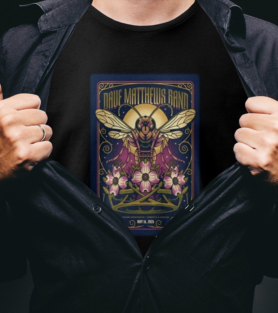 Dave Matthews Band Concert Charlotte NC May 16 2026 Truant Amphitheater Art Deco Inspired Honeybee And Flowers T-Shirt