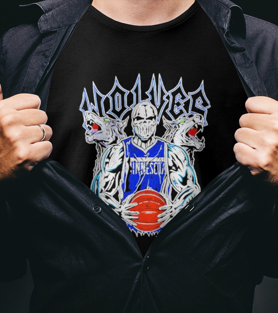 Wolves Minnesota Basketball Skeleton Player With Wolf Heads T-Shirt