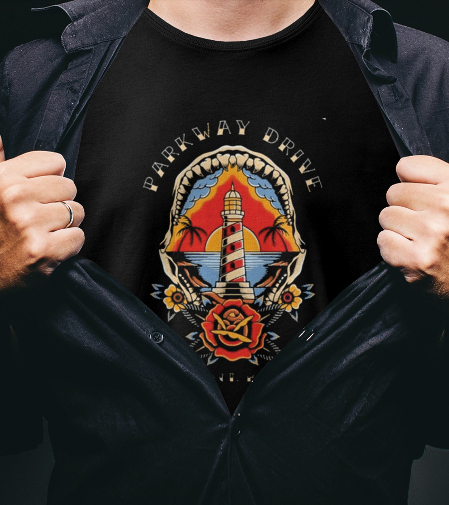 Parkway Drive Welcome To Rockville 2026 The Lighthouse Shark Jaw Rose Ocean Sunset T-Shirt