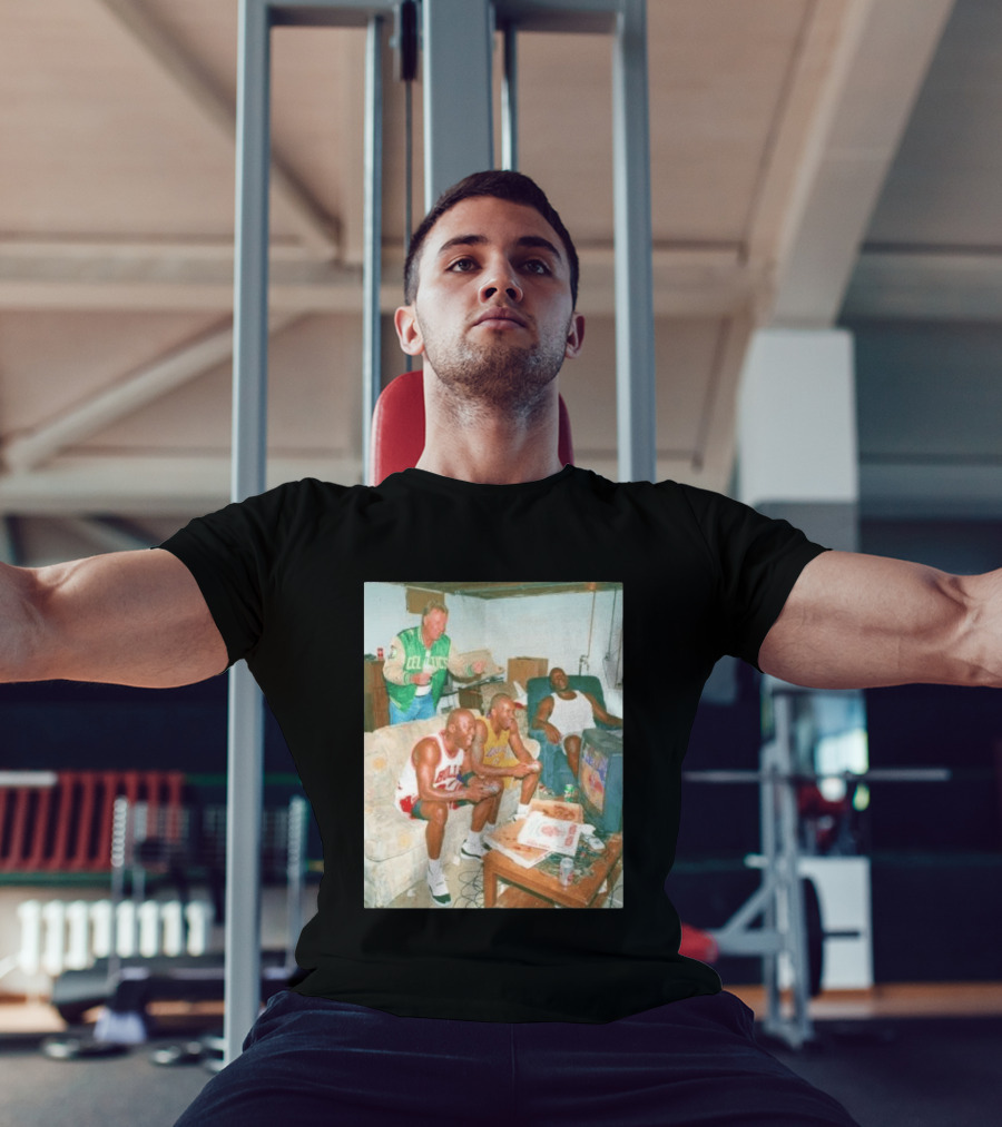 {"title":"Larry Bird Celtics Jacket Ing Michael Jordan Kobe Bryant Playing Video Game On Couch"} T-Shirt