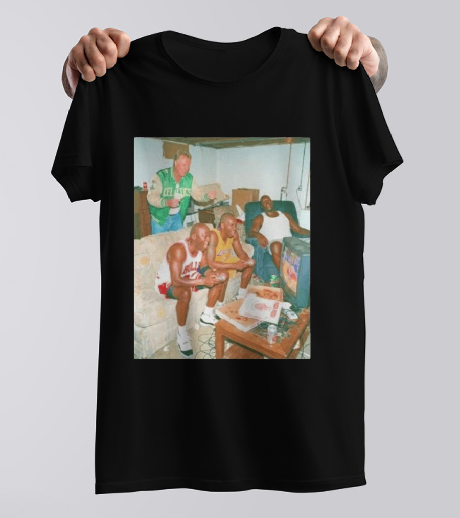 {"title":"Larry Bird Celtics Jacket Ing Michael Jordan Kobe Bryant Playing Video Game On Couch"} T-Shirt