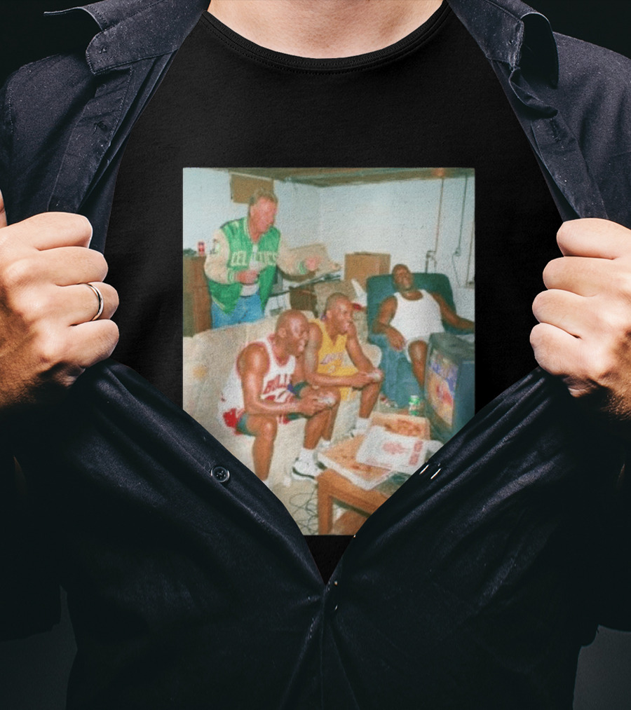{"title":"Larry Bird Celtics Jacket Ing Michael Jordan Kobe Bryant Playing Video Game On Couch"} T-Shirt