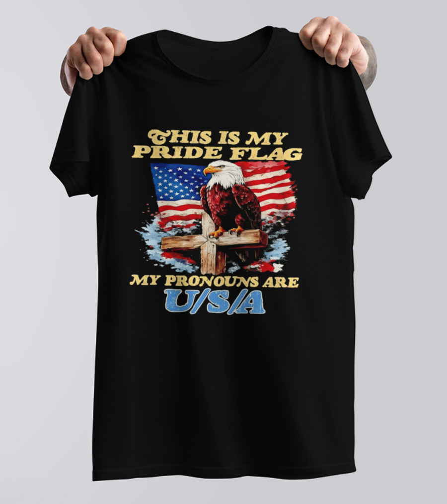 This Is My Pride Flag My Pronouns Are USA Eagle Cross American Flag T-Shirt
