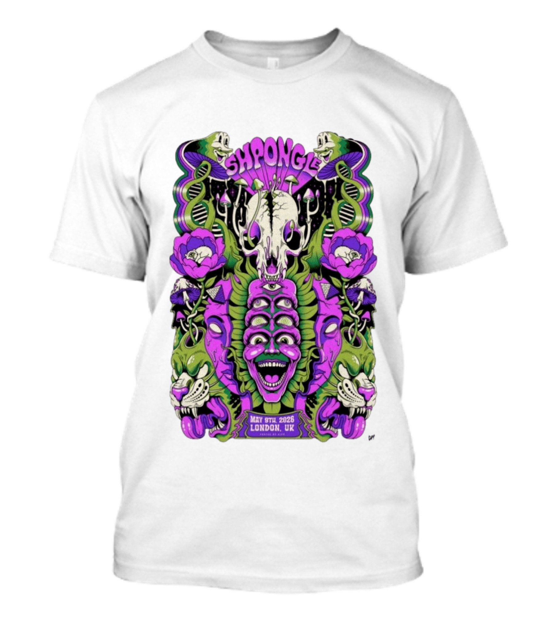 Shpongle May 9th 2026 London UK Psychedelic Imagery Skeletons And Flowers T-Shirt