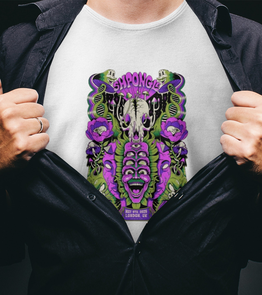 Shpongle May 9th 2026 London UK Psychedelic Imagery Skeletons And Flowers T-Shirt