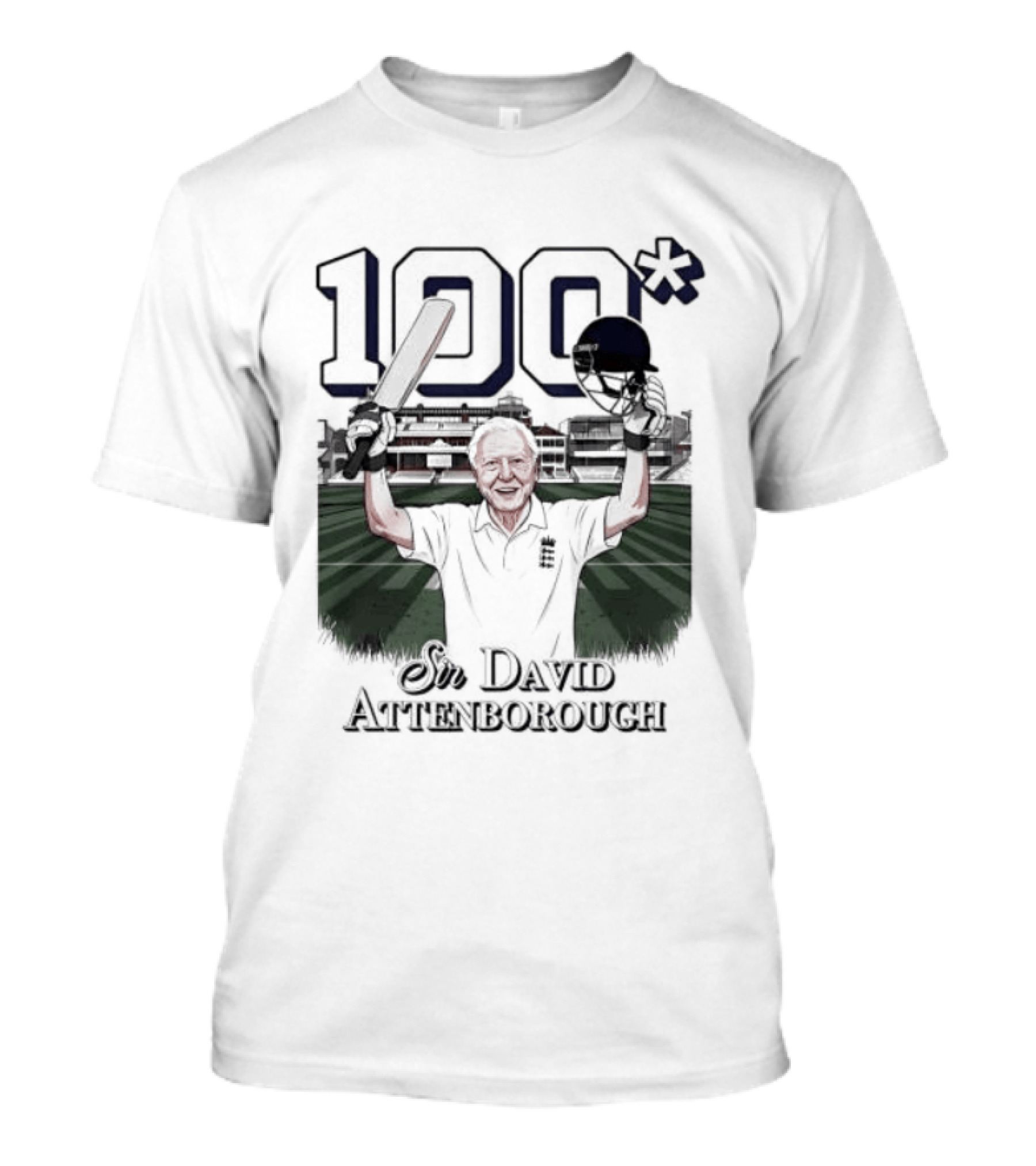 Sir David Attenborough 100 Celebration Cricket Bat And Helmet Raised T-Shirt
