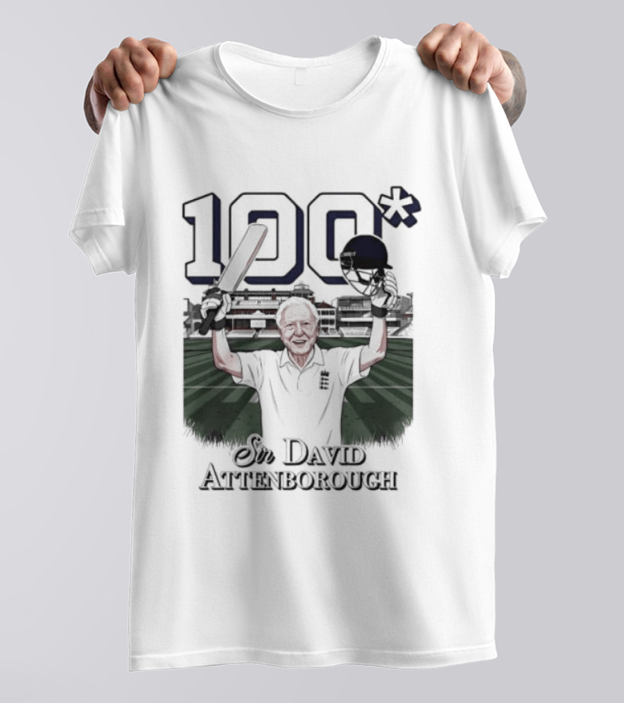 Sir David Attenborough 100 Celebration Cricket Bat And Helmet Raised T-Shirt