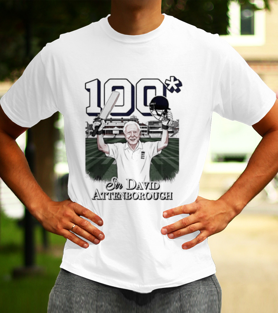 Sir David Attenborough 100 Celebration Cricket Bat And Helmet Raised T-Shirt