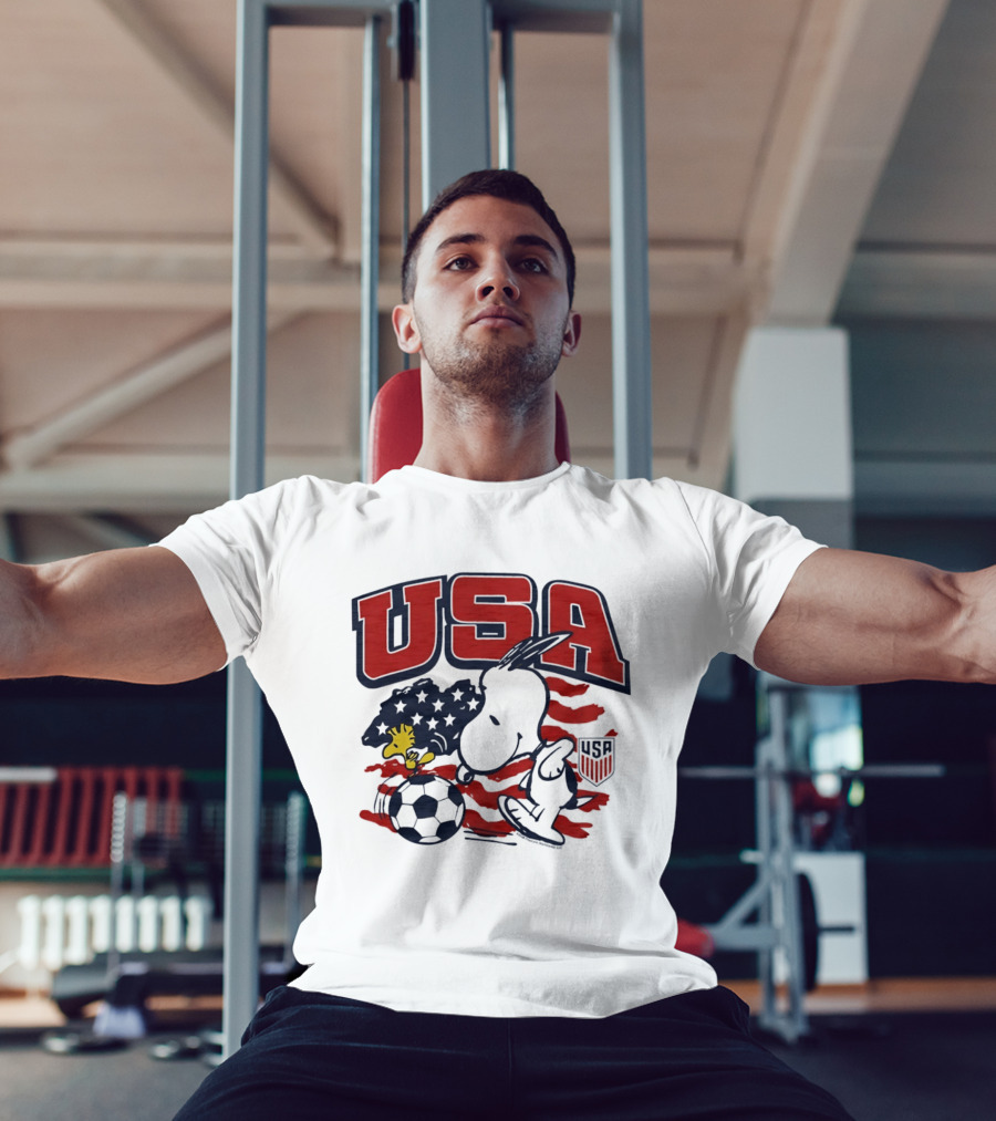 USA Soccer Snoopy And Woodstock Peanuts Characters With American Flag T-Shirt