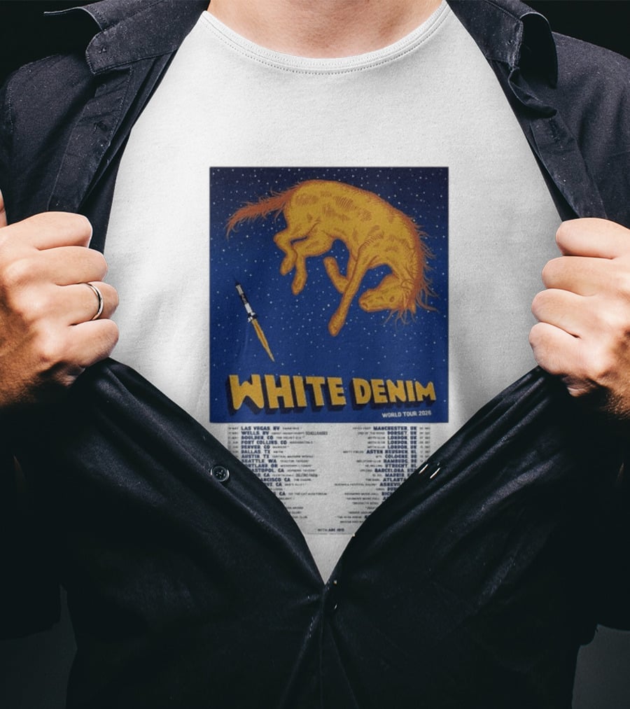 White Denim World Tour 2026 Tour Dates And Cities With Starry Night Horse Scene T-Shirt