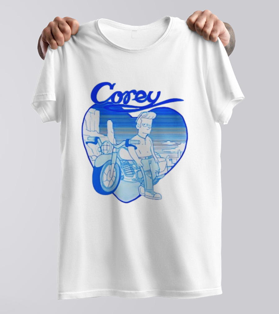 Corey Simpson Motorcycle In Heart Retro Cartoon Style With Blue Desert T-Shirt