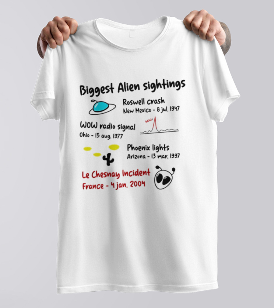 Biggest Alien Sightings Roswell Crash WOW Radio Signal Phoenix Lights Le Chesnay Incident France 4 Jan 2004 T-Shirt