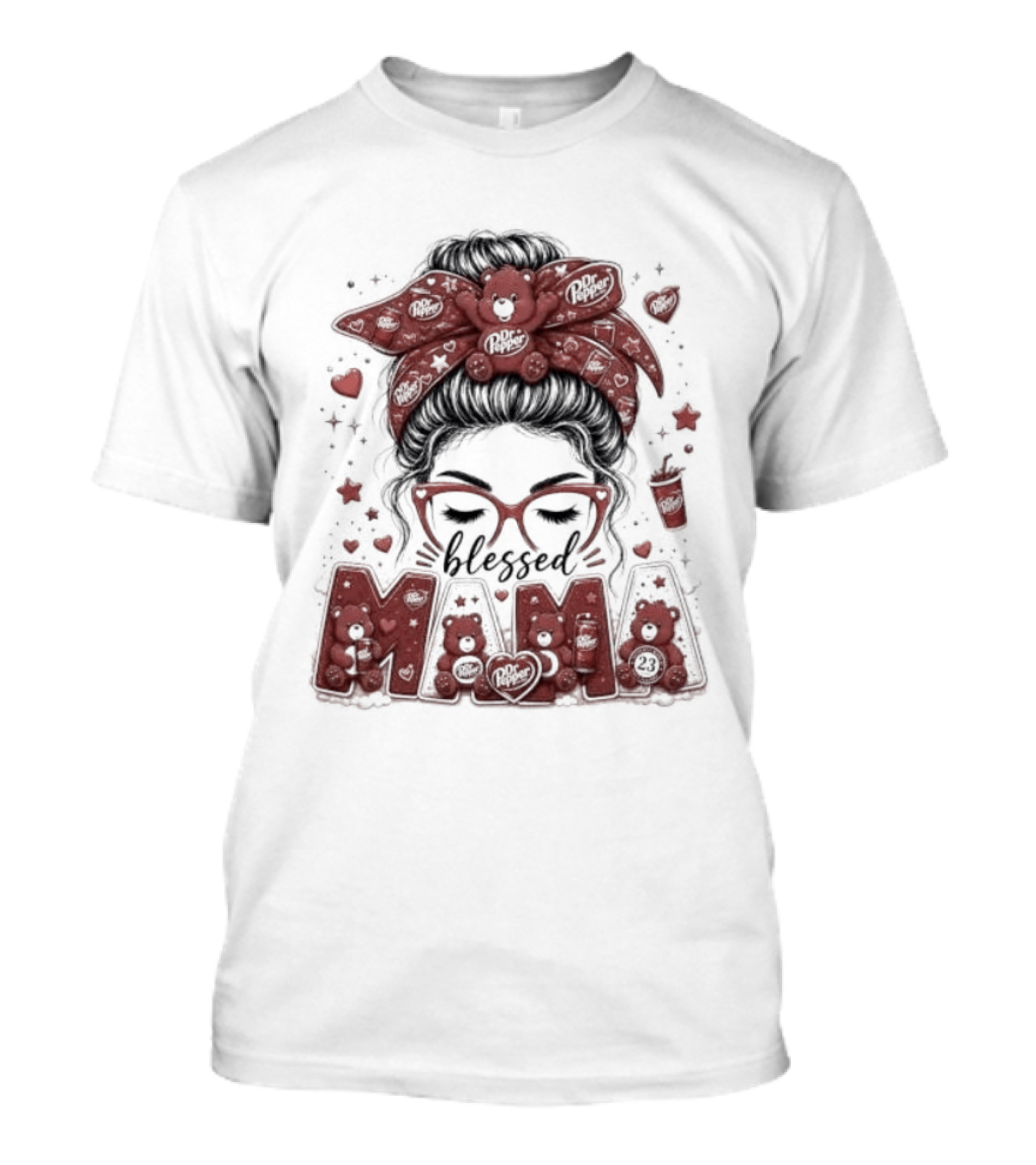 Messy Bun Dr Pepper Blessed Mama Glasses And Bandana T-Shirt