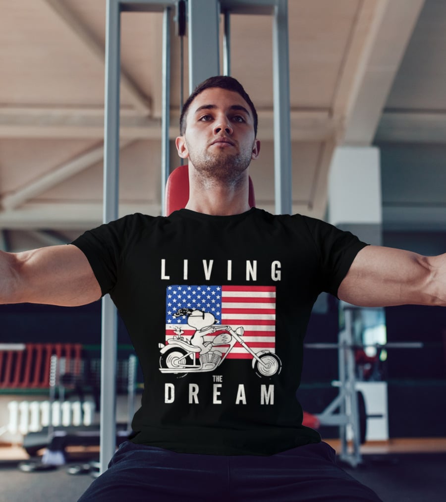 Living The Dream Snoopy Woodstock Motorcycle American Flag Peanuts T-Shirt