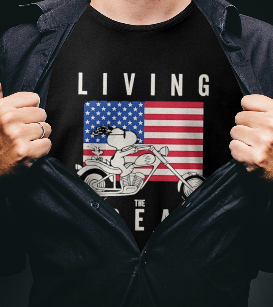 Living The Dream Snoopy Woodstock Motorcycle American Flag Peanuts T-Shirt