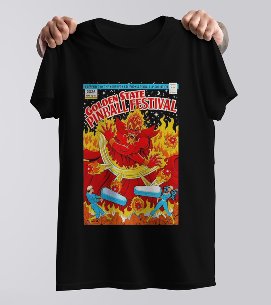 Golden State Pinball Festival Northern California May 2026 Fire Demon Battle T-Shirt