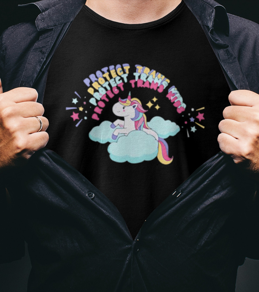Protect Trans Kids Unicorn Rainbow Stars Cloud T-Shirt