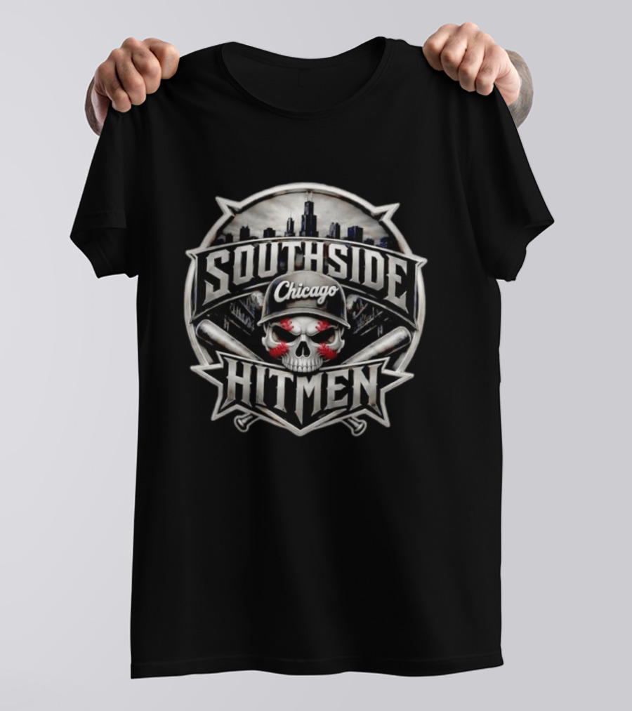 Southside Chicago Hitmen Skull Baseball Bats City Skyline T-Shirt