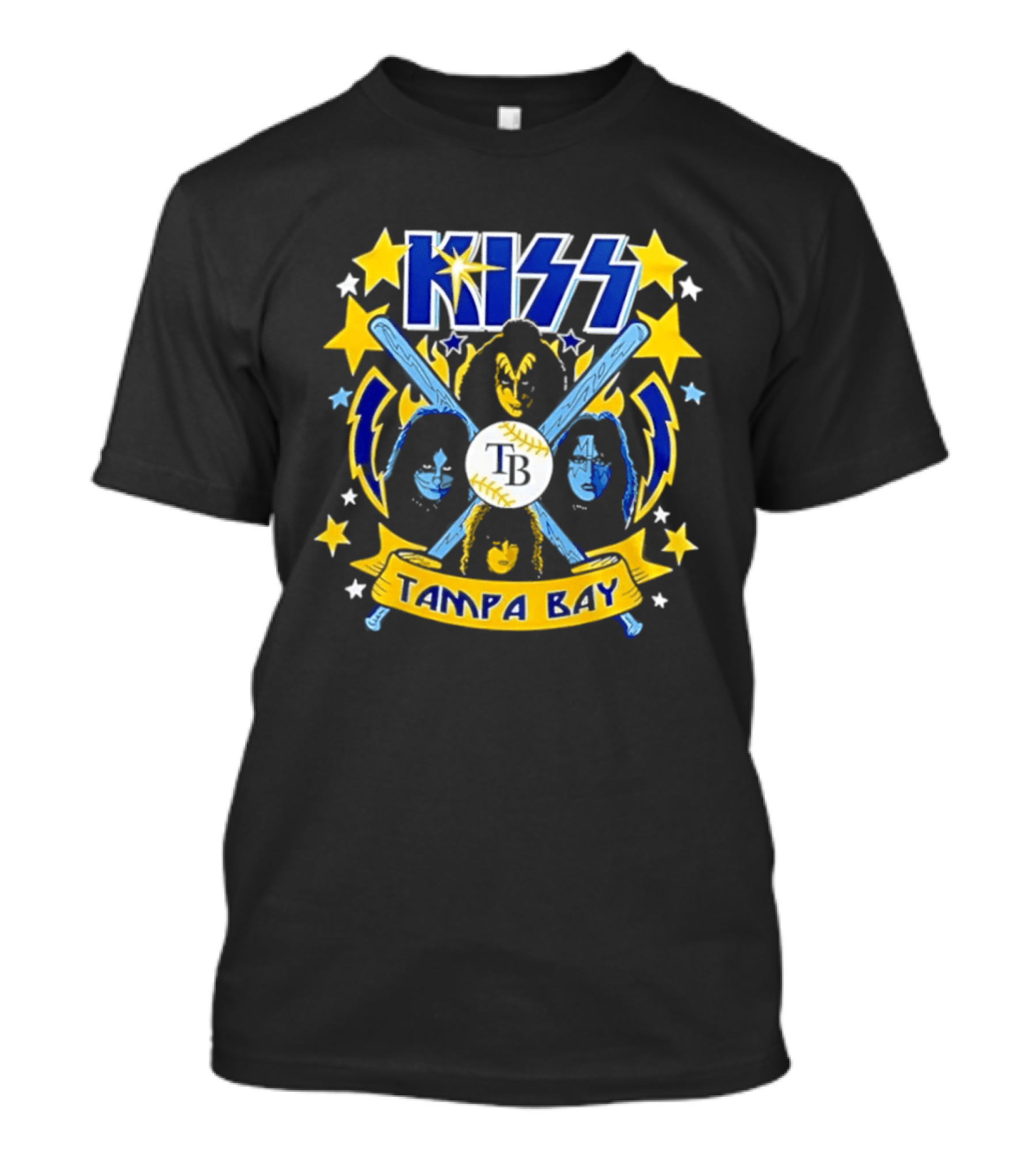 KISS Tampa Bay Baseball Bats Stars Lightning Blue Yellow T-Shirt