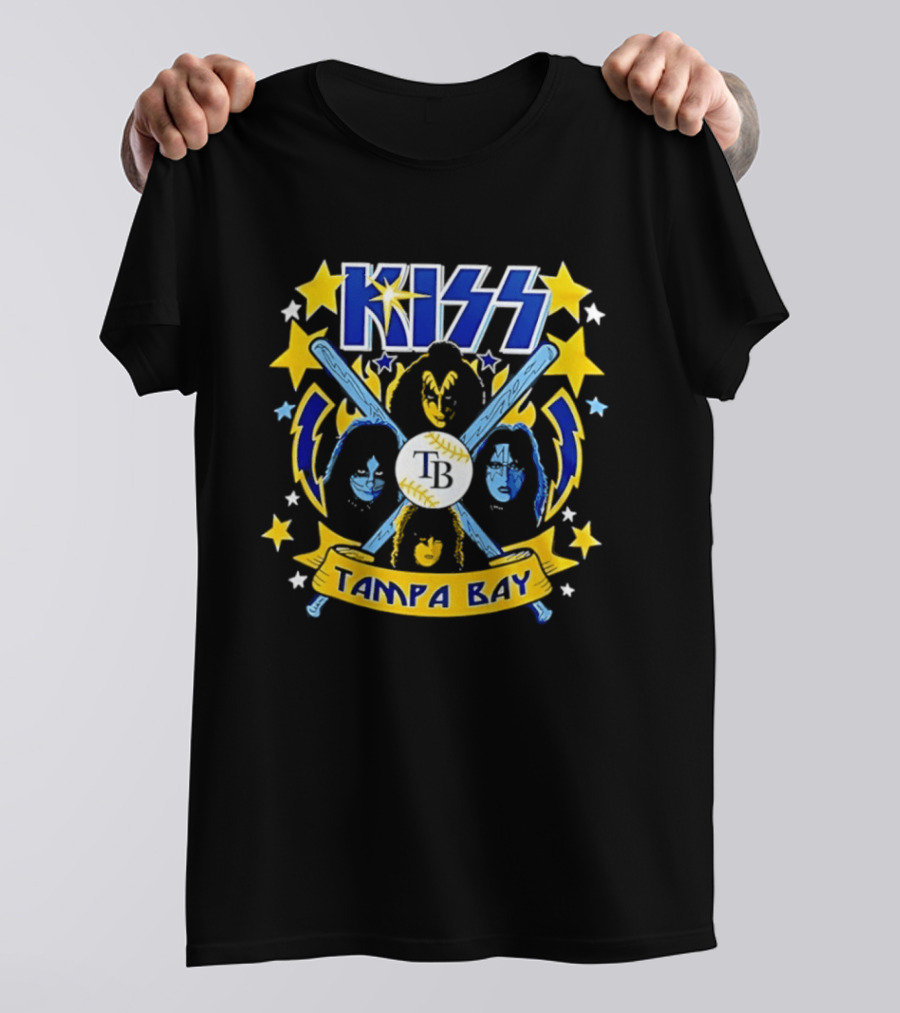 KISS Tampa Bay Baseball Bats Stars Lightning Blue Yellow T-Shirt