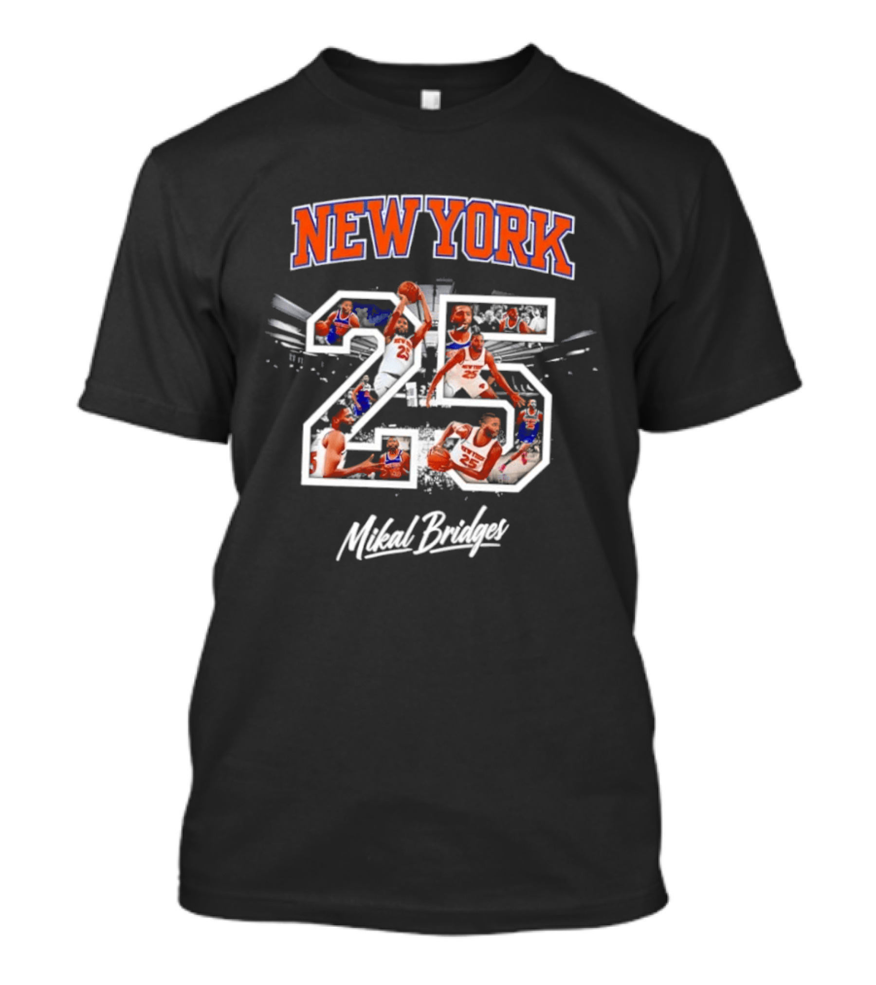New York Knicks 25 Mikal Bridges Basketball Action Montage T-Shirt