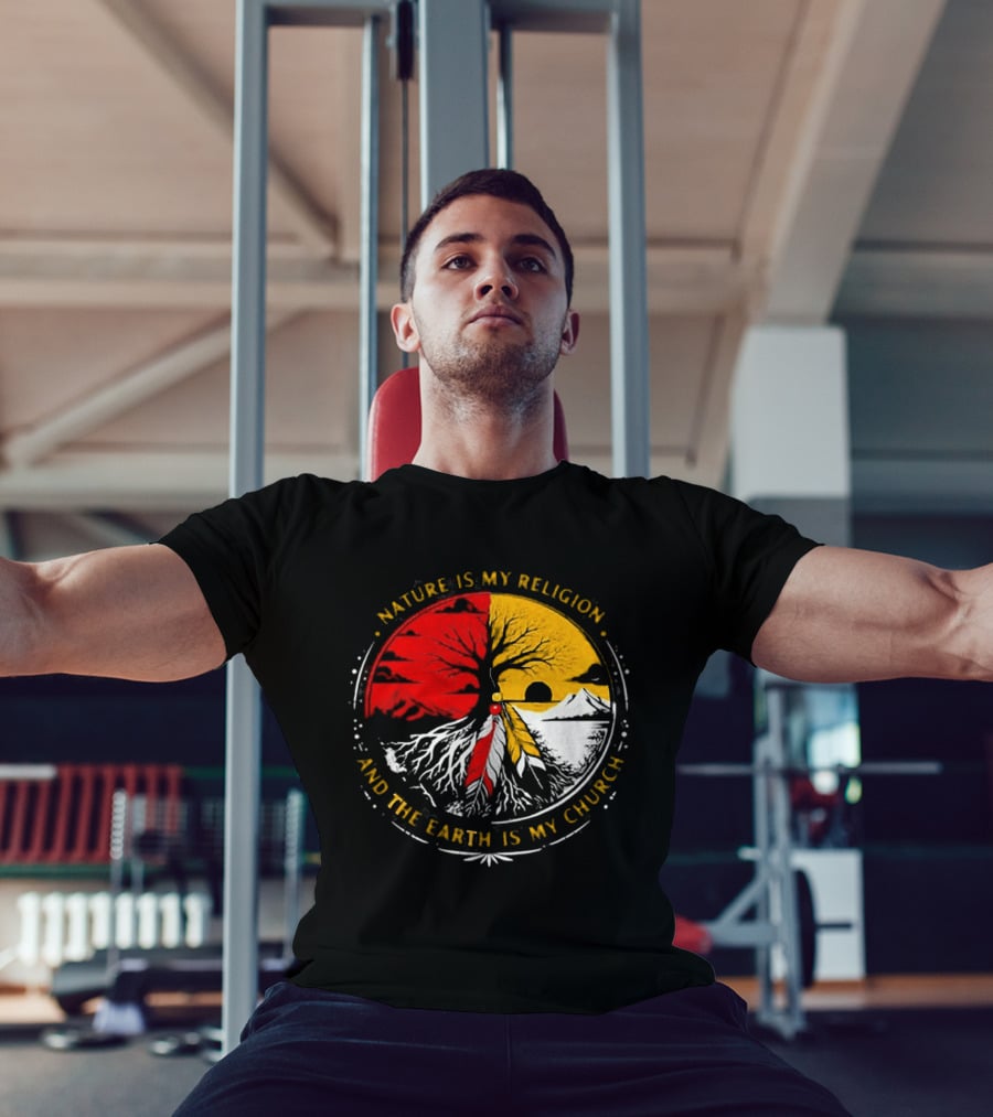 NATURE IS MY RELIGION AND THE EARTH IS MY CHURCH Tree Circle Red Yellow Feather T-Shirt