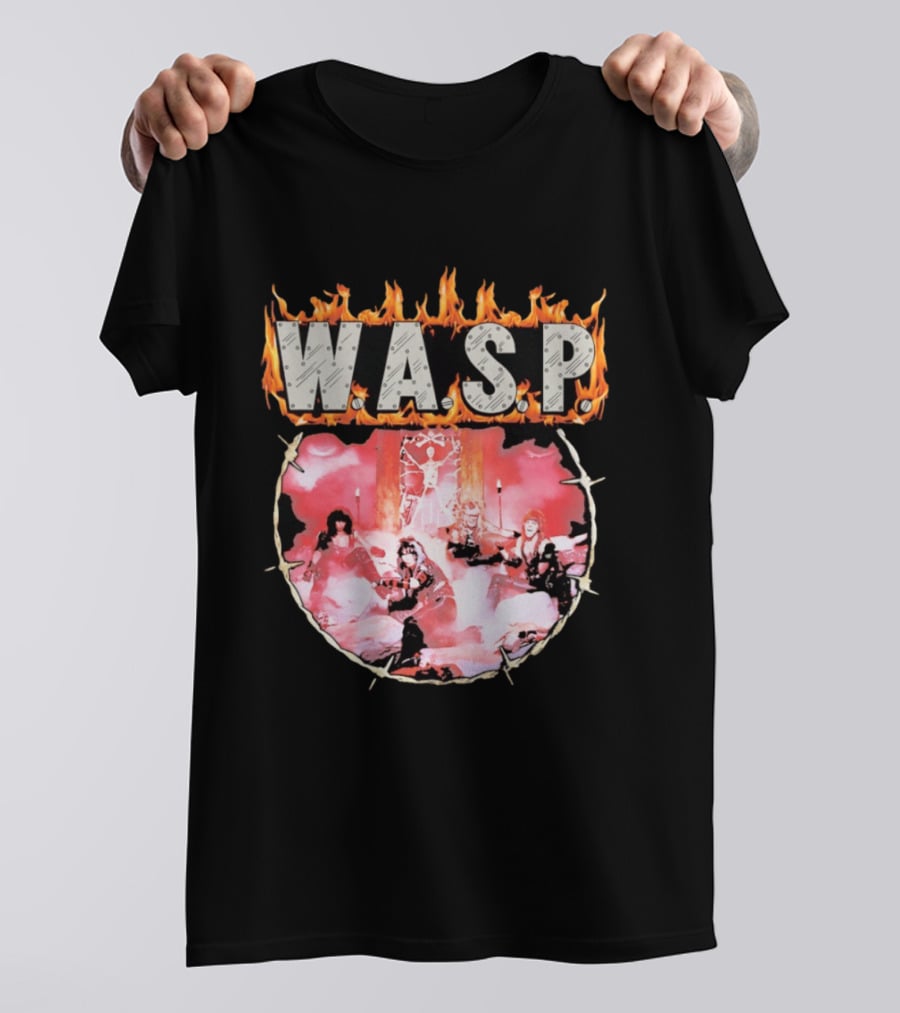 W.A.S.P. Band Fire With Group Photo And Flaming T-Shirt