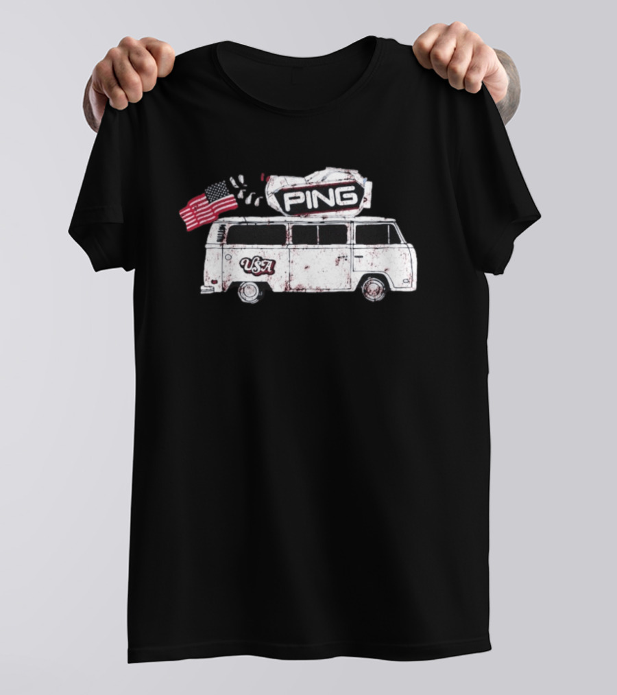 Ping USA Vintage Bus With American Flag And Surfboard T-Shirt