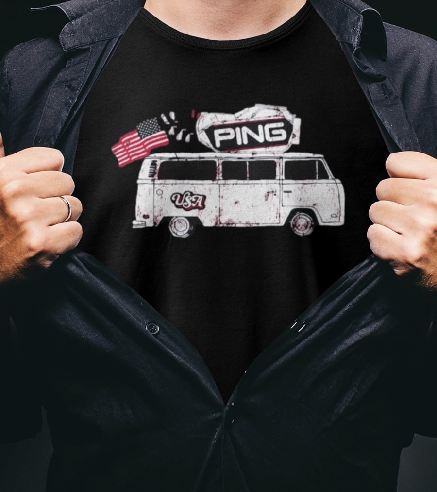 Ping USA Vintage Bus With American Flag And Surfboard T-Shirt