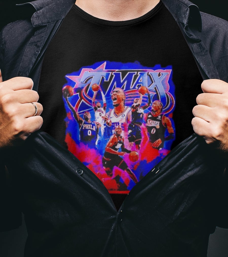 Tyrese Maxey MAX Philadelphia 76ers Basketball Action Montage T-Shirt