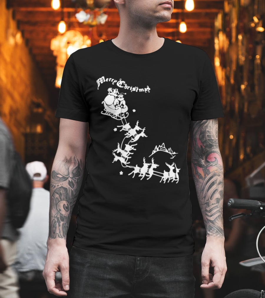 Merry Christmas Santa Sleigh Reindeer In Night Sky With Mountains Isla Gordon T-Shirt