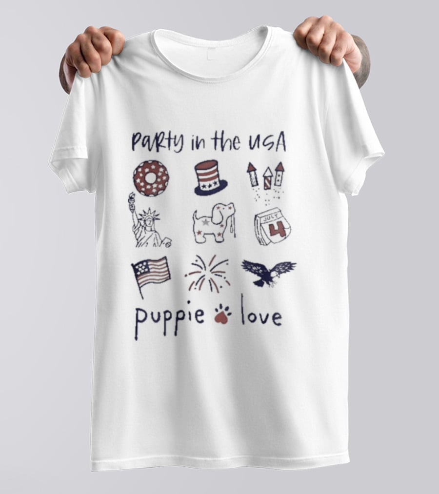 Party In The USA Puppie Love Patriotic Symbols Fireworks Hat Flag T-Shirt