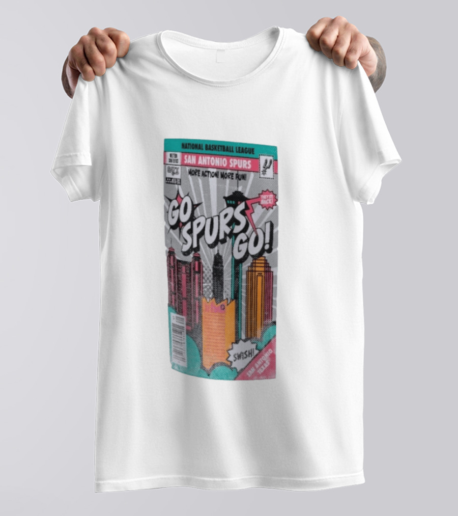 National Basketball League San Antonio Spurs Go Spurs Go Comic Cover Style Swish Back In Black T-Shirt