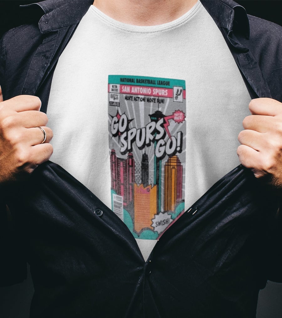 National Basketball League San Antonio Spurs Go Spurs Go Comic Cover Style Swish Back In Black T-Shirt