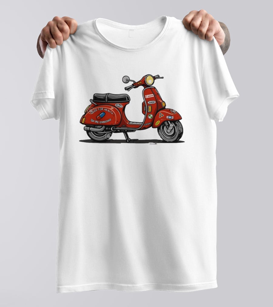 Kaneda's Vespa With Good For Health Sticker Citizen And Canon Shoei Arai Logos T-Shirt